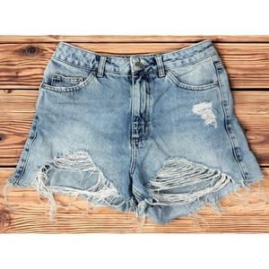 Topshop Mom Jean Shorts Sz 6 Light Blue Wash Extreme Distressed High Rise Torn